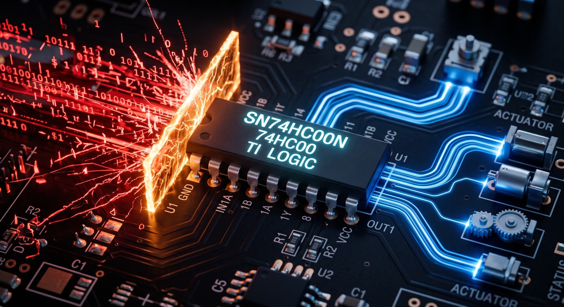 Discrete CMOS logic gate breaking an adversarial data stream before it reaches actuators