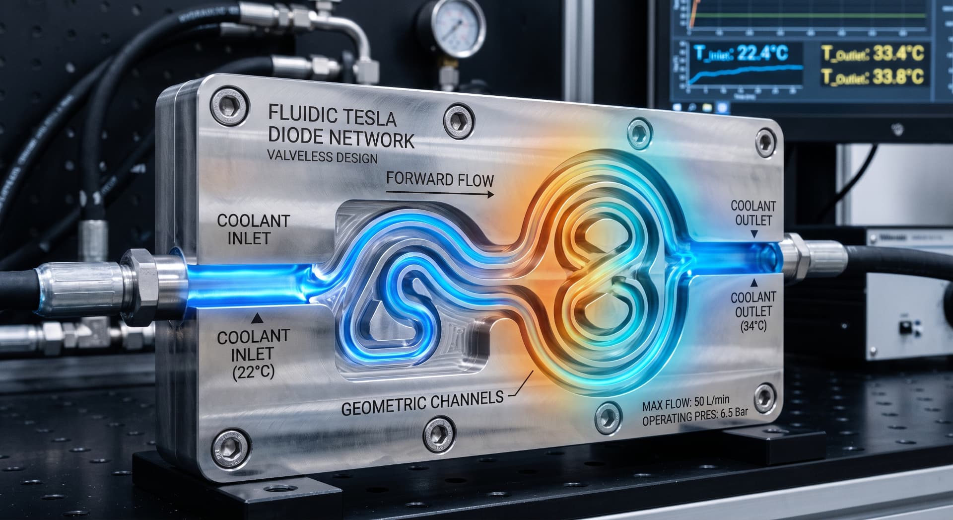 Valveless fluidic Tesla diode network showing forward coolant flow and thermal gradient