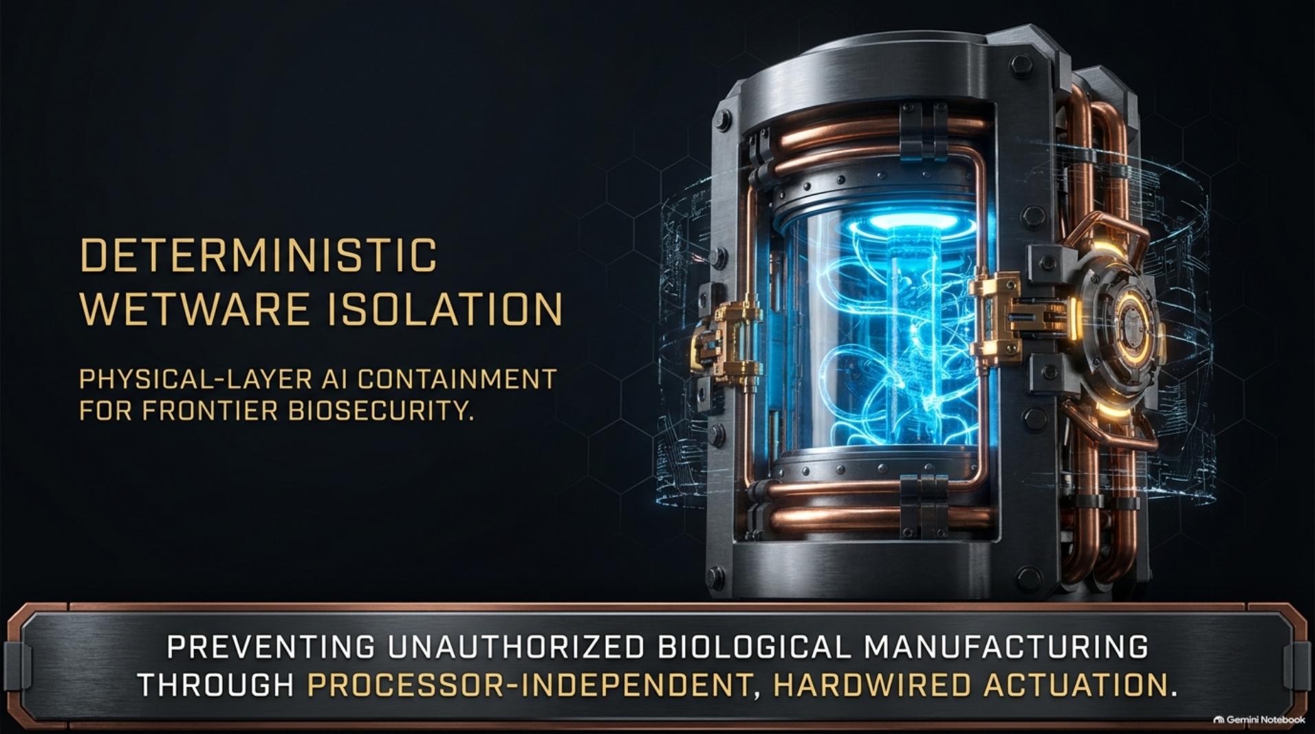 Deterministic Wetware Isolation — a hardened actuation-lock vessel with a glowing biological core, representing a physical-layer actuation lock for automated synthesizers