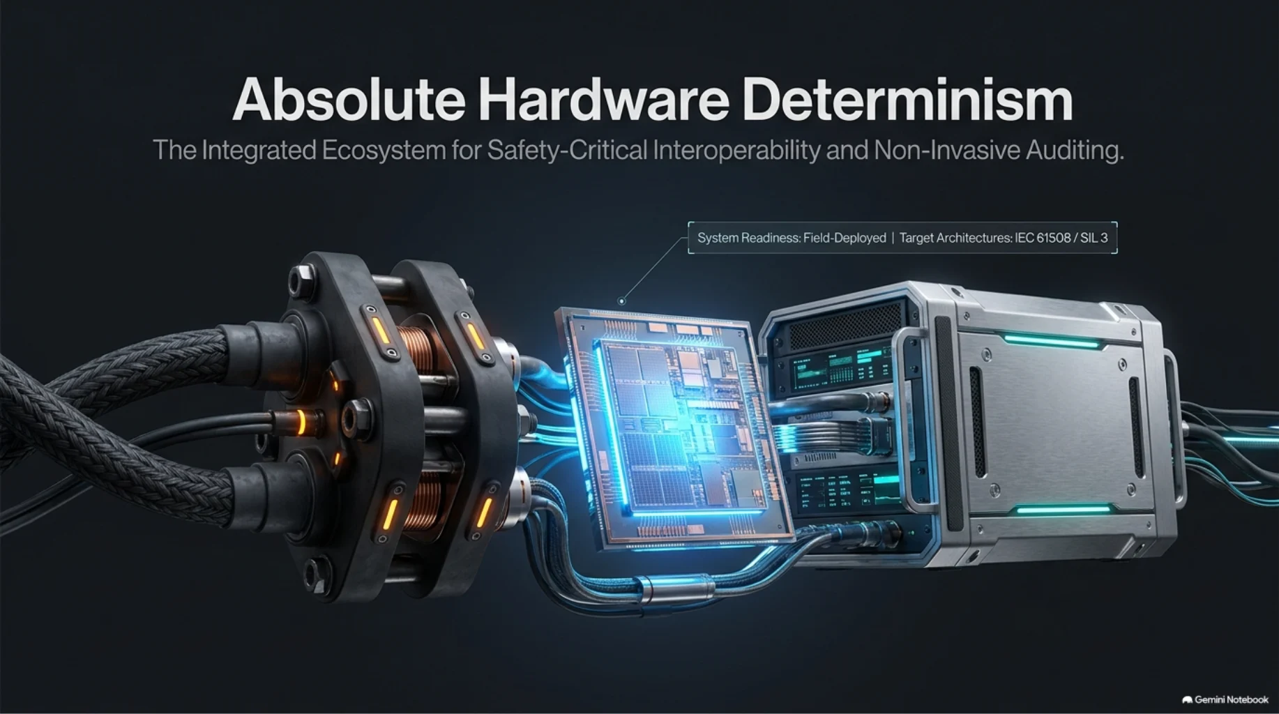 Slide 1 of 12: Hardware-Enforced Determinism. The integrated ecosystem for safety-critical interoperability and non-invasive auditing.
