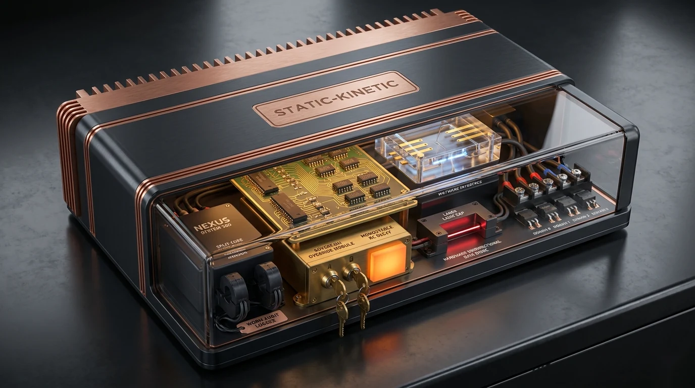 Three-dimensional rendering of the KINETIC-369 HSK-01 hardware safety system in a black and copper enclosure with its internal circuitry visible