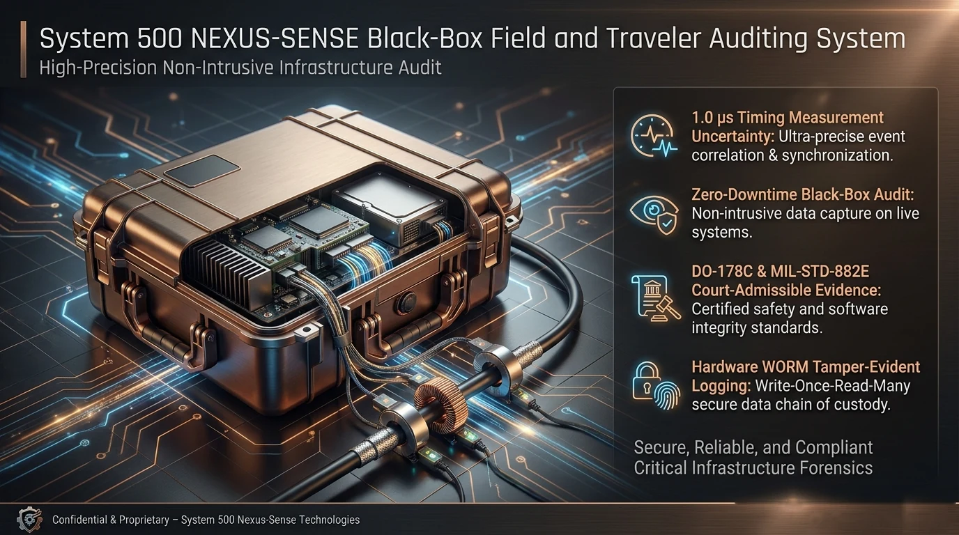 System 500 NEXUS-SENSE field and traveler auditing system shown as a rugged copper instrument case with technical callouts